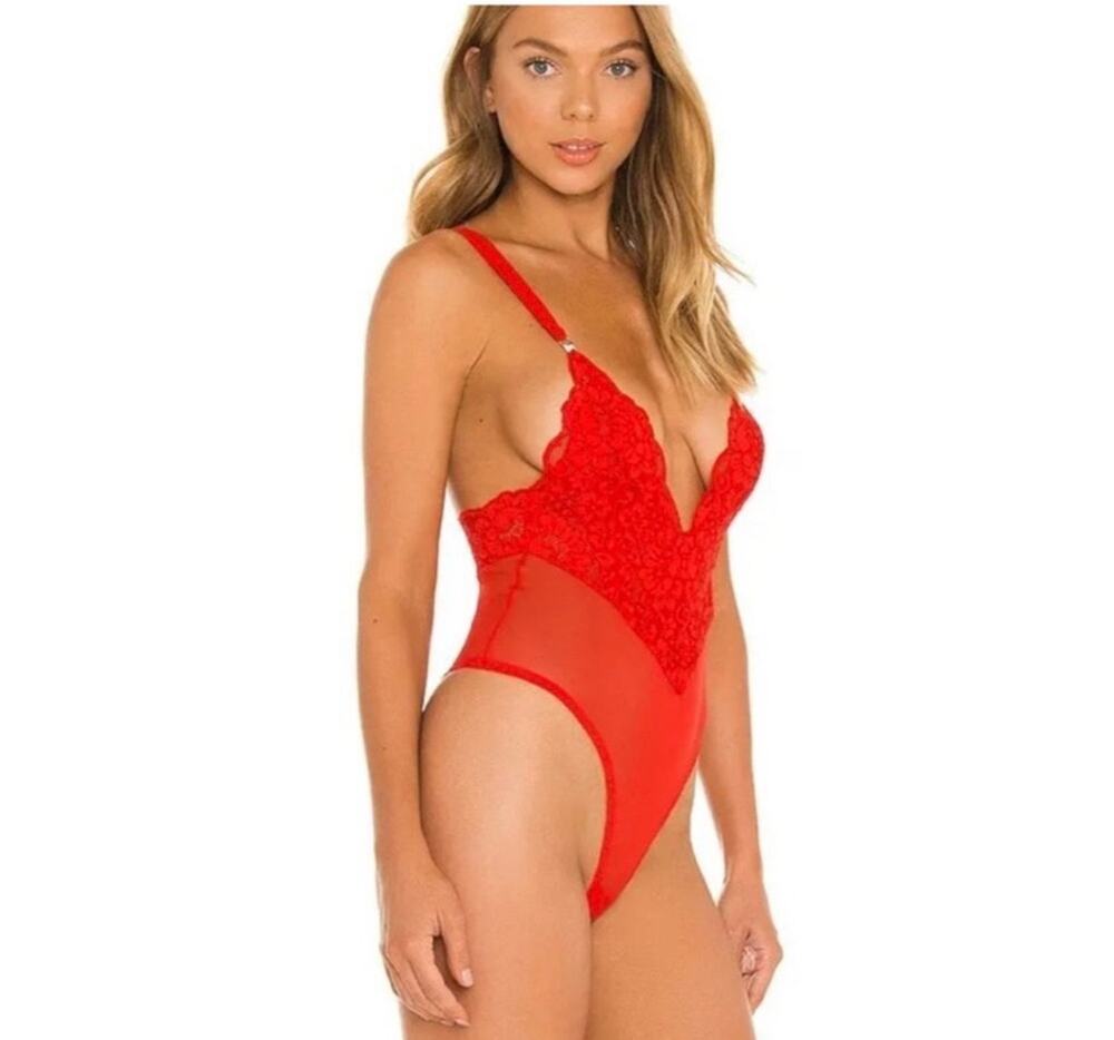 We are HAH Sexy Lace Cheap and Cheerful Blood Orange Bodysuit Size XS NWT